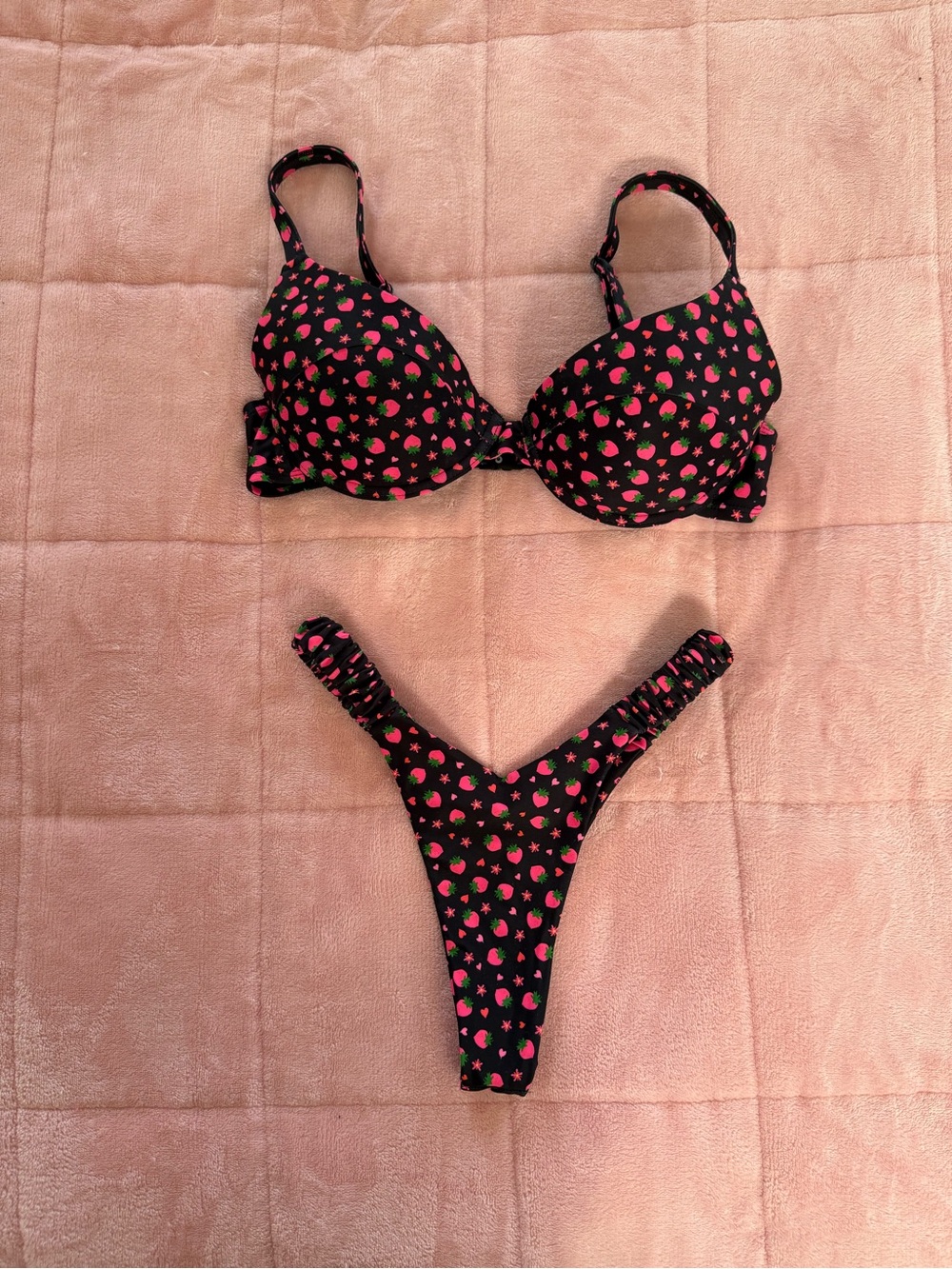 Kulani Kinis Black Bikini Set with Pink & Green Strawberry Print